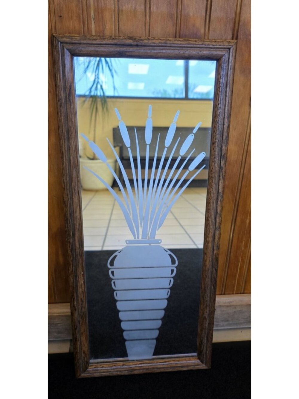 Vintage 1970s MCM Wall Mirror w Etched Cattail Image Hollywood Regency Decor
